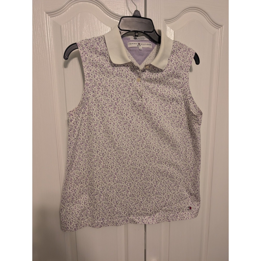Tommy Hilfiger Womens Sleeveless Floral Polo Shirt Large Purple